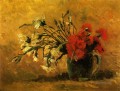 黄色の背景に赤と白のカーネーションの花瓶 フィンセント・ファン・ゴッホ